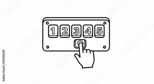 Hand pressing button 5 on keypad with numbers 1-5, close-up, line art