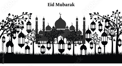 A beautiful eid mubarak greeting featuring a mosque and decorative lanterns presented as a silhouette