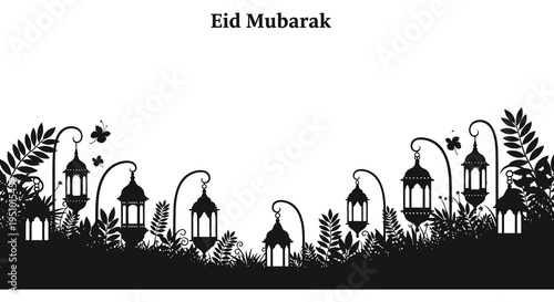 Festive eid mubarak greeting featuring ornate lanterns and foliage presented as a dark silhouette high quality