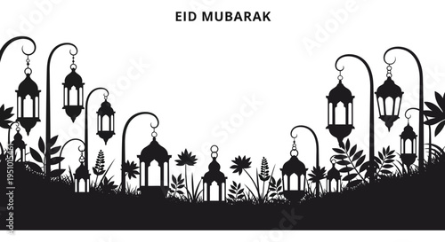 An eid mubarak greeting card featuring ornate lanterns and foliage in a dark silhouette high quality