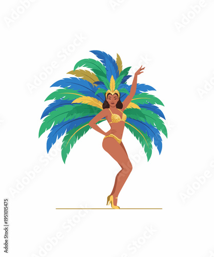 Stunning samba dancer performs energetically wearing elaborate blue green and gold feather costume