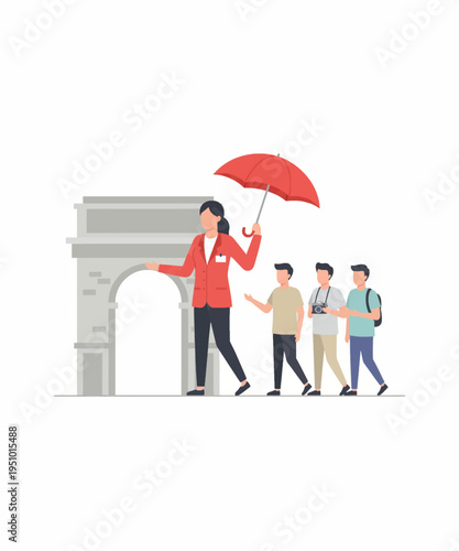 Female tour guide holding a red umbrella leads tourists past a famous historical arch monument