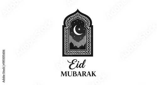 An ornate islamic archway frames a crescent moon and stars displaying an eid mubarak greeting silhouette
