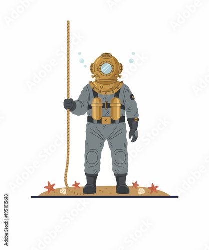 Vintage deep-sea diver wearing an antique brass helmet holding a thick rope on the seabed