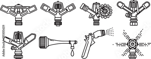 Various types of sprinkler heads and watering devices for efficient irrigation Vector