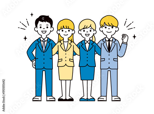 チームワークで頑張る、同僚・新社会人・ビジネスパーソンのシンプルな全身ベクターイラスト素材