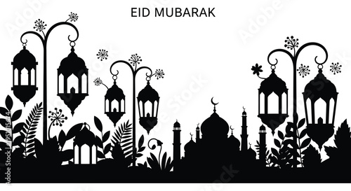 Elegant eid mubarak greeting featuring ornate lamps a crescent moon and a city skyline silhouette