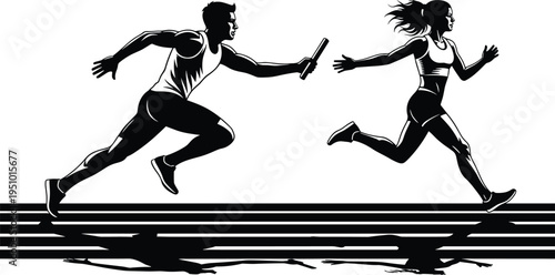 Black and white silhouette of male and female relay runners passing a baton on a track for athletic sports icons,