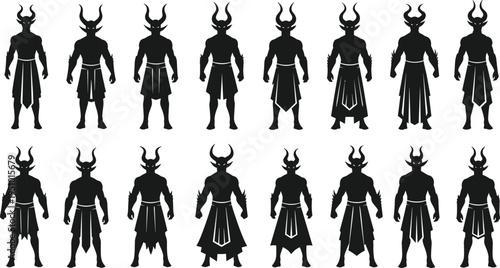 Black silhouette illustration of sixteen horned humanoid fantasy characters in muscular build with skirt-like garments, mythological design variations, perfect for games, comics, and animation