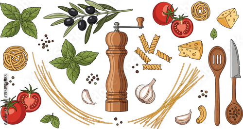Italian cuisine ingredients vector set featuring pasta, tomatoes, olive branches, garlic, basil leaves, pepper mill, cheese and rustic cooking elements