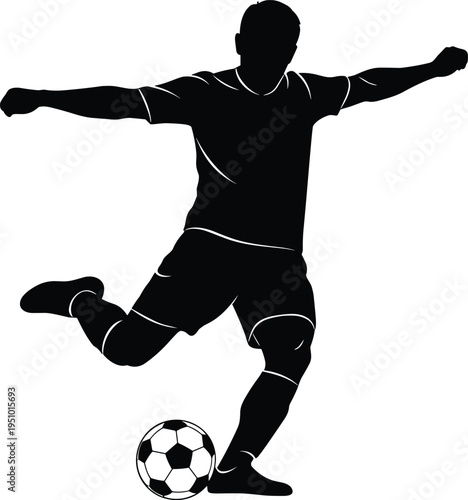 Black silhouette illustration of soccer player in dynamic kicking motion with ball, athletic posture, sports action concept, football artwork, physical education design reference