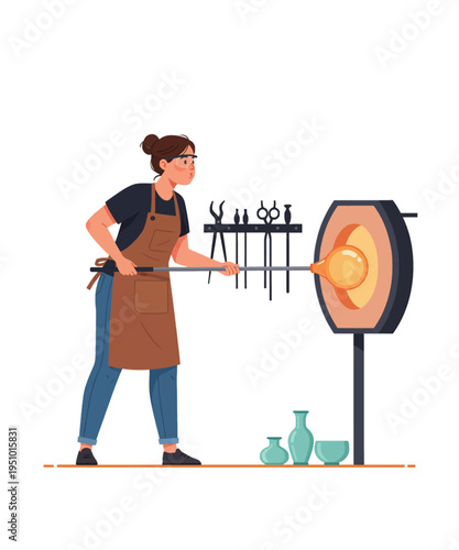 Skilled craftswoman carefully blows molten glass into a luminous orb near a hot furnace