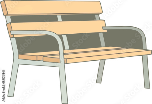 he image shows a park bench. The seat and backrest of the bench are made of light-colored wood. Its frame and legs appear to be made of metal, possibly painted gray or silver.