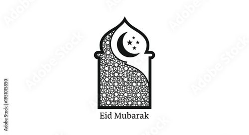 An ornate islamic archway framing a crescent moon and stars with eid mubarak text silhouette