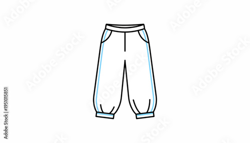 Fashion Flat Sketch: White Harem Pants with Blue Accents, Elastic Cuffs and Pockets