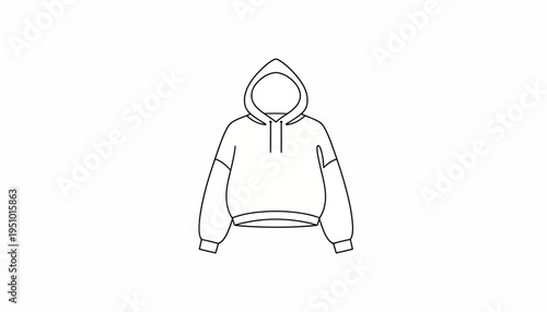 Fashionable Hoodie Outline Drawing, Minimalist Apparel Sketch on White Background