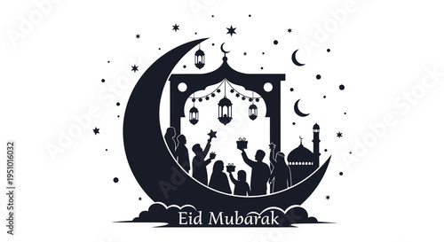 A festive eid mubarak scene with a crescent moon and people celebrating a striking silhouette