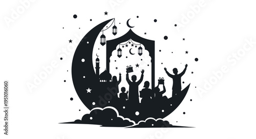 A festive ramadan scene depicting a crescent moon mosque and celebrating people silhouette high quality professional