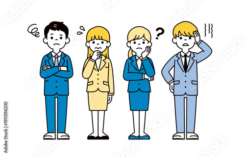 考える・悩むポーズの、リクルートスーツを着た複数のビジネスパーソンの全身ベクターイラスト素材