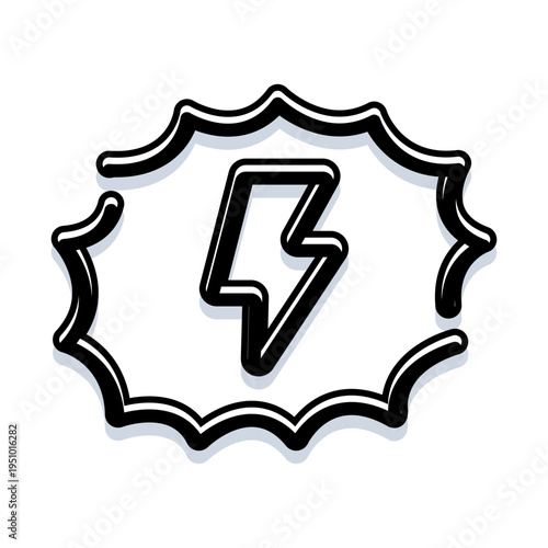 Lightning bolt inside a dynamic speech bubble symbolizing energy, inspiration, fast communication and alerts for apps, interfaces and modern web design in simple black and white line art