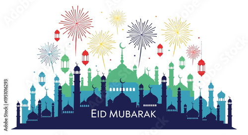 Festive eid mubarak celebration with fireworks and a mosque skyline silhouette high quality professional detailed modern