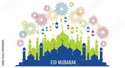 Festive eid mubarak celebration with fireworks and a mosque silhouette high quality professional detailed modern elegant