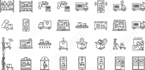 Warehouse logistics and inventory management line icon set featuring barcode scanning, package tracking, delivery trucks, storage shelves and supply chain operations