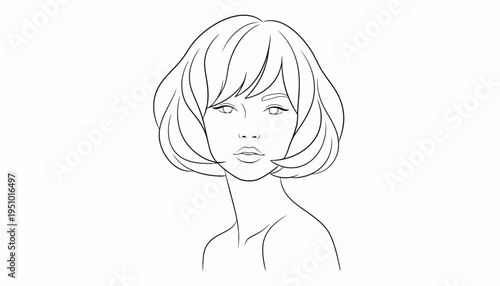 Elegant Woman Portrait Sketch, Bob Hairstyle, Minimalist Line Art, Fashion Beauty