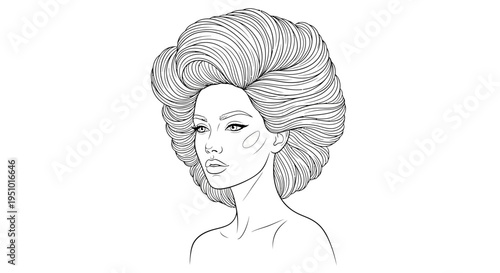Elegant Woman Portrait, Voluminous Hairstyle, Line Art Drawing, Beauty and Fashion