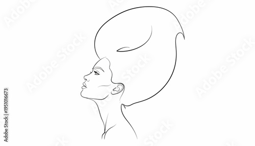 Elegant Woman Profile Silhouette with Voluminous Hairstyle, Minimalist Line Art