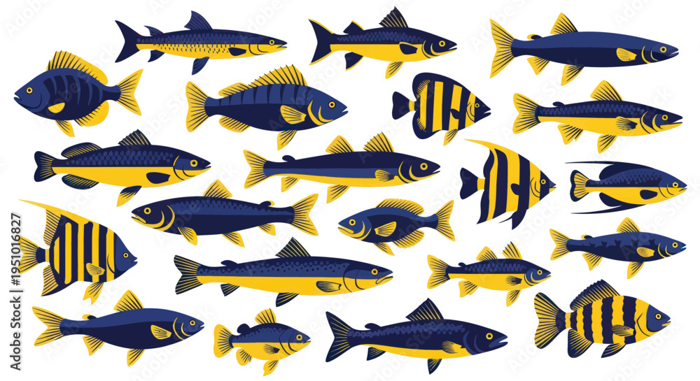 Naklejka premium Colorful School of Diverse Fish Swimming Underwater