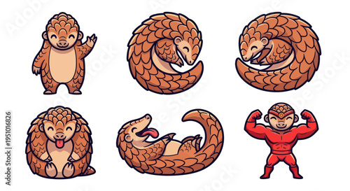 Cute Pangolin Character Set: Waving, Curled, Flexing, Playing