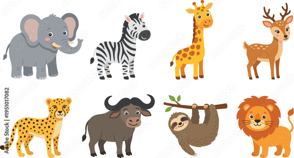 Obraz premium Set of Cute Cartoon Wild Animal Characters including Elephant, Lion, Giraffe, and Zebra for Children Education, Nursery Room Decor, Kids Book Illustrations, and Zoo Branding Designs
