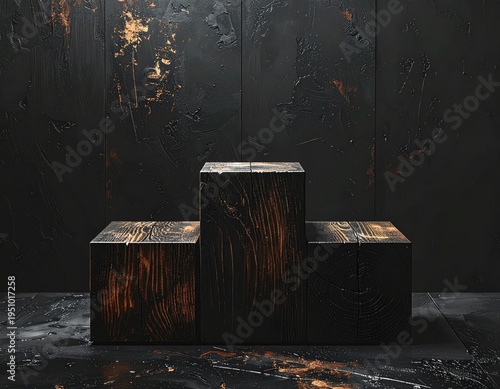 Rustic wooden podium against a dark textured wall