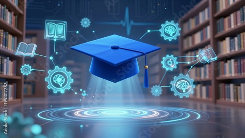 A blue graduation cap hovers above a glowing platform surrounded by holographic icons of books, brains, and gears in a library setting with soft focus background.