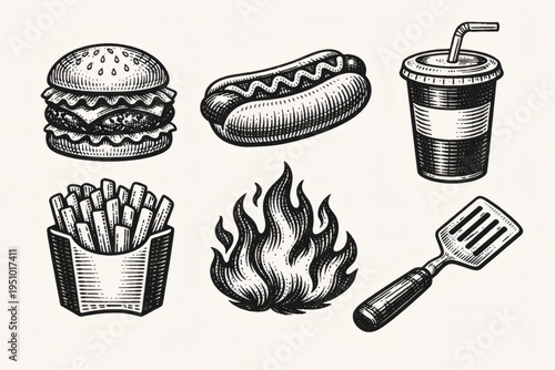 Vintage Engraving of Fast Food, Fire, and Spatula for Barbecue Cookout