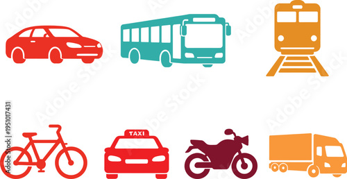This professional vector illustration features a comprehensive set of transportation icons including a car, truck, bus, and train symbols for vehicle delivery and travel traffic design services