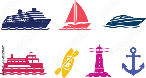 Set of nautical vector icons featuring ships, sailboats, and luxury yachts traveling across a summer sea with waves and a lighthouse symbol for marine transportation and travel design