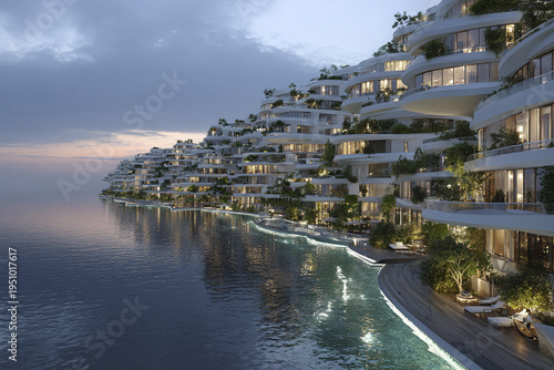 Sustainable smart coastal city with luxury residential buildings featuring modern architecture, curved terraces, abundant greenery, and waterfront views at dusk