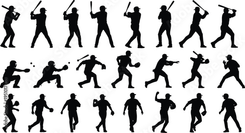 Baseball player silhouettes collection, batting pitching and catching poses, sports action set, athletes movement, black vector illustration isolated designBaseball player silhouettes collection, 