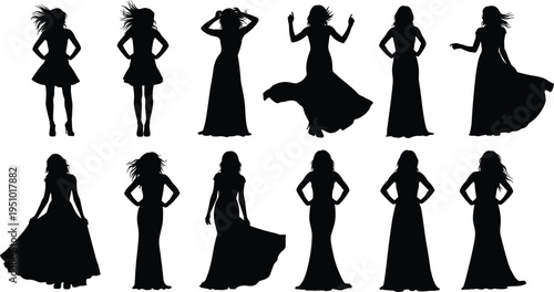 Elegant women silhouettes in long dresses, fashion poses collection, female models standing and dancing, black vector illustration isolated on white