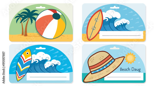 Beach themed name tags with surfboard beach ball palm trees and hat summer fun