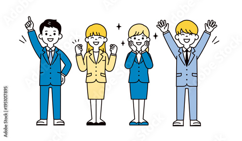 内定・採用・合格が決まって喜ぶ、若い男女の会社員・就活生の全身ベクターイラスト素材セット