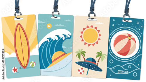 Surfing beach tags with surfboard wave sun and beach ball designs on colorful backgrounds
