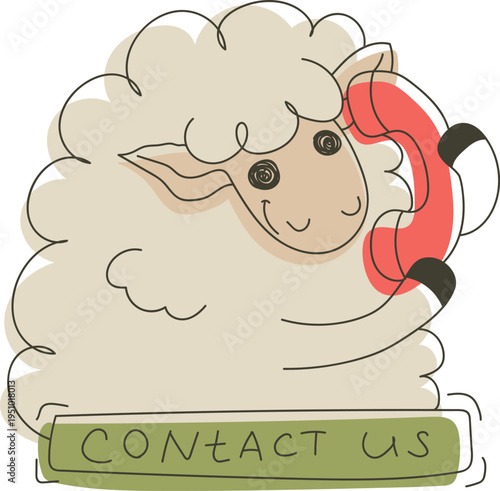 Sheep Character Phone Call Funny Expression And Sing Contact Us. Milk Red Green Cartoon Icon