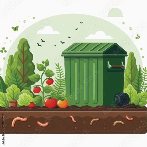 Home Composting System Illustration: Recycling Organic Waste, Soil Enrichment, and Healthy Garden with Earthworms and Green Bin