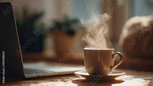 Steaming cup of coffee next to laptop on wooden desk in cozy indoor setting