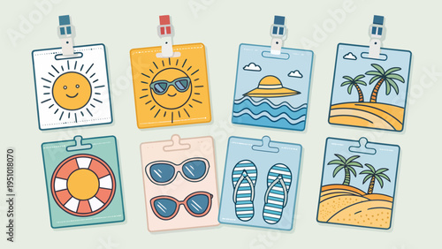 Colorful beach badge collection with sun sunglasses and palm tree designs on clips