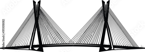 Modern cable stayed bridge silhouette with twin pylons, architectural infrastructure landmark isolated on white background, urban transport vector illustration design