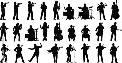 Musician Silhouette Collection Band and Orchestra Performers Playing Guitar Violin Trumpet Saxophone Drums and Cello Black Vector Set